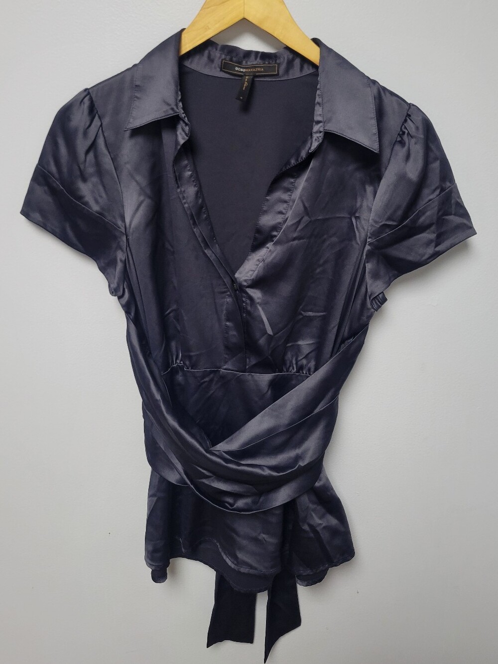 BCBGMaxAzria Navy Satin Wrap Blouse NWOT